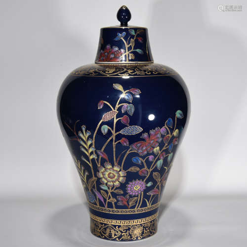 蓝釉珐琅彩花卉纹梅瓶