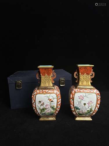 Red glaze pastel tracing gold award bottle pair