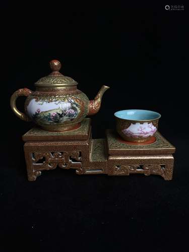 1 set of clear red glaze enamel color tea set