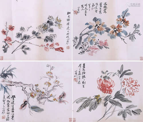 黃賓虹    花卉 四屏