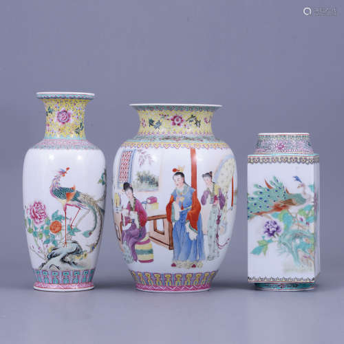 70年代 粉彩花鳥題詩瓶 一組三件