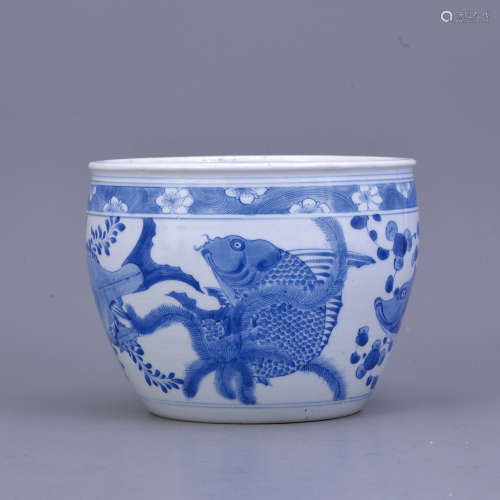 十九世紀 青花魚藻紋水缸