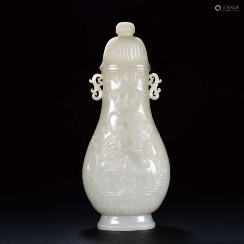 19世紀 白玉寶相花紋扁瓶