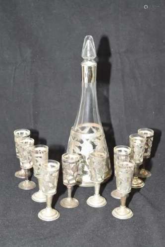19th C. Sterling Silver Lined Glass Decanter Set