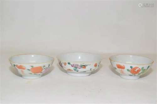 Three 19th C. Chinese Porcelain Famille Rose Tea Bowls