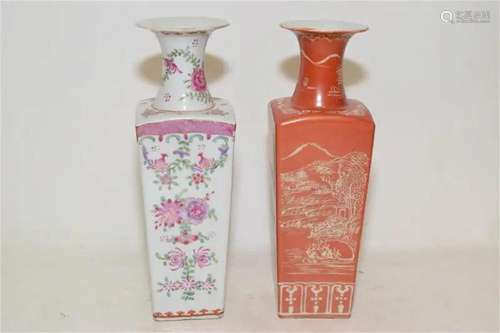 Two 19th C. Chinese Export Porcelain Square Vases