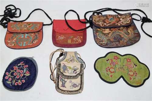 Six Qing Chinese Embroidered Pouches