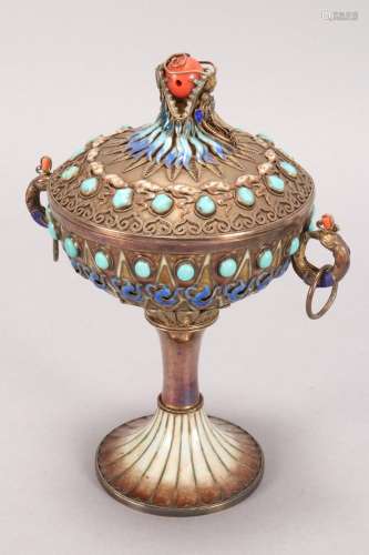 Chinese Enamel, Turquoise and Coral Covered Stem