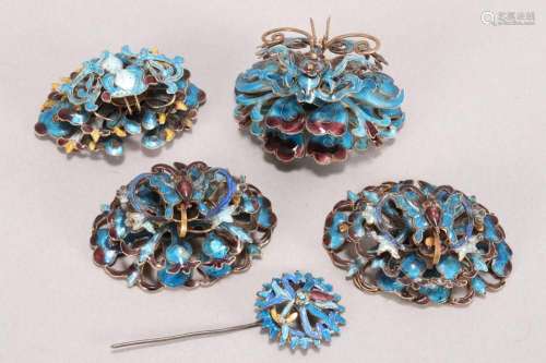 Five Chinese Qing Dynasty Silver and Enamel Hair