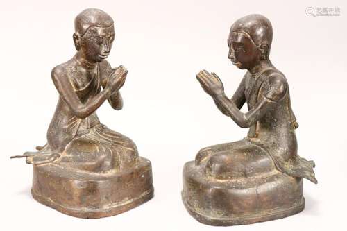 Pair of Burmese Bronze Kneeling Monks,