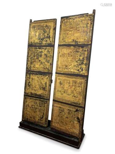 Large Pair of Gilt and Black Lacquer Temple Doors,