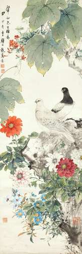 顔伯龍　繁花雙鴿│Yan Bolong, Flowers and Pigeons