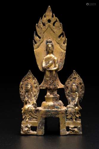 TANG OR FIVE DYNASTIES, GILT BRONZE FIGURE OF ONE BUDDHA AND...