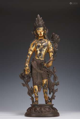 QING DYNASTY BRONZE LACQUER LOTUS HAND AVALOKITESVARA STANDI...