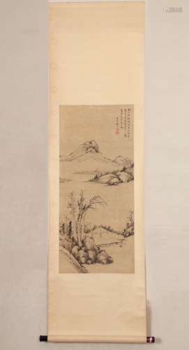 VERTICAL SCROLL OF YANG WENCONG'S INK COLORED LANDSCAPE BOUT...