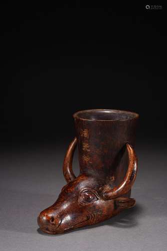 QING DYNASTY CLEAR AGARWOOD CARVED OX HEAD GOBLET CUP