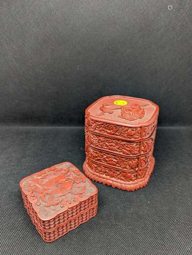 QING DYNASTY, A SET OF ROUGE BOXES WITH CARVED RED CARVINGS