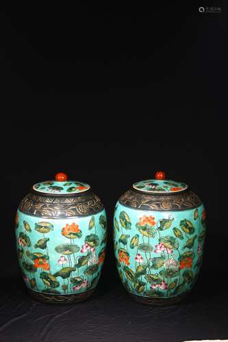 A PAIR OF CLEAR COLORFUL LOTUS PATTERN LIDS