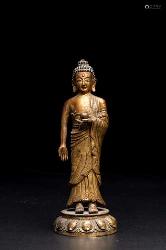 MING BRONZE GILT MEDICINE BUDDHA STANDING STATUE