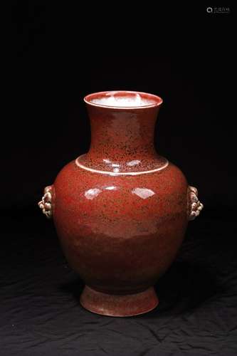 QING DYNASTY RED GLAZE DOUBE BEAST HANDLE VASE