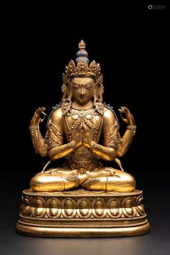 QING KANGXI LARGE ZANABAZAR BRONZE GILT FOUR-ARMED AVALOKITE...