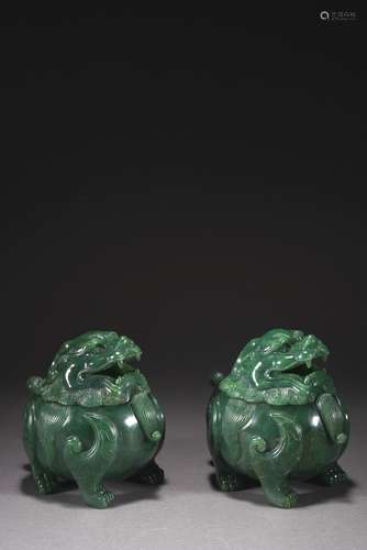 QING DYNASTY, A PAIR OF JASPER AUSPICIOUS ANIMAL CENSER