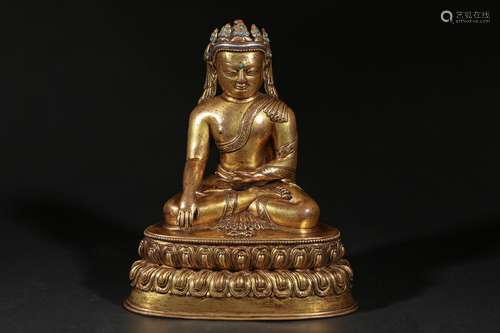 MING DYNASTY, GILT BRONZE CROWN SHAKYAMUNI (SILVER INLAY)