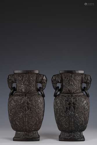 QING DYNASTY, A PAIR OF RED SANDALWOOD VASES WITH TWINED BRA...