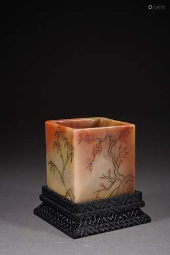 QING DYNASTY, SHOUSHAN STONE PINE, BAMBOO AND PLUM PEN HOLDE...