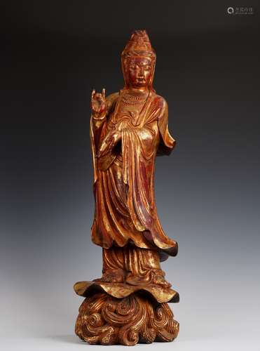 QING DYNASTY WOODEN LACQUER GOLD GUANYIN STANDING STATUE