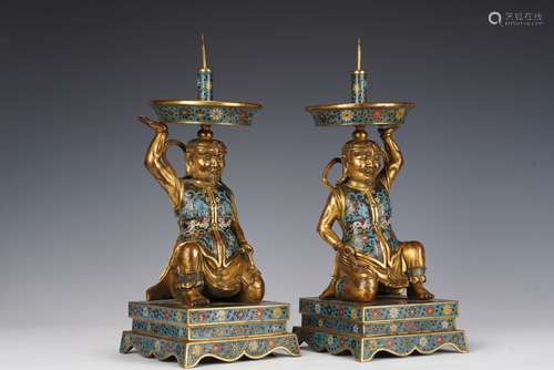 QING DYNASTY, A PAIR OF CLOISONNÉ ENAMEL BARBARIANS PRESENTI...