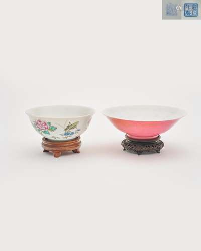 A famille-rose 'floral' bowl, and a pink-glazed bowl...