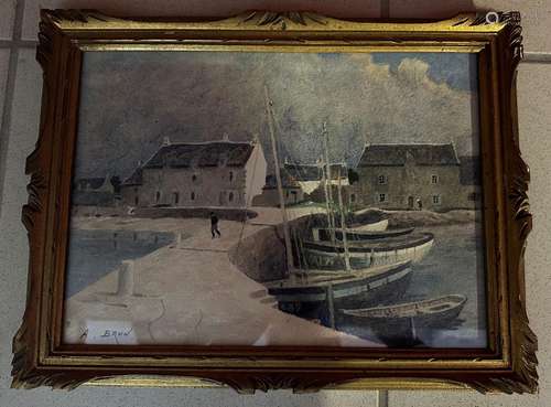 BRUN Alexandre (1854-?) - Le port du Po. Aquarelle, sig