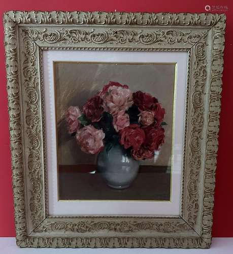 RIOU Max (XIXe- XXe siècles) - Vase de roses. Pastel, s