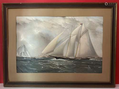 ECOLE XXe siècle - Yacht sous le vent. Gouache. 48 x 73