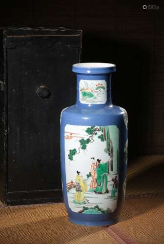 A WUCAI RESERVE-DECORATED BLUE-GLAZED‘FIGURE’ROULEAU VASE,MA...