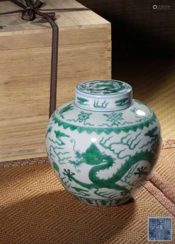 A GREEN-GLAZED BLUE AND WHITE‘DRAGON’JAR,MARK AND PERIOD OF ...