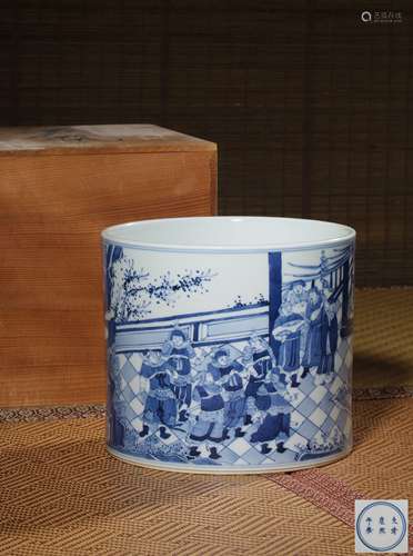 A BLUE AND WHITE ‘FIGURE’BRUSHPOT,MARK AND PERIOD OF KANGXI