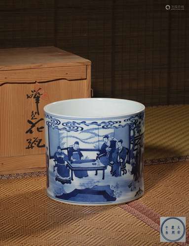 A BLUE AND WHITE ‘FIGURE’BRUSHPOT,MARK AND PERIOD OF KANGXI