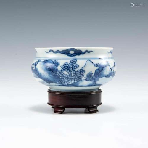 A Chinese blue and white landscape censer, Kangxi period, Qi...