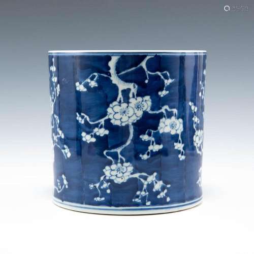 A Chinese blue and white plum blossom brush pot, late 19th c...