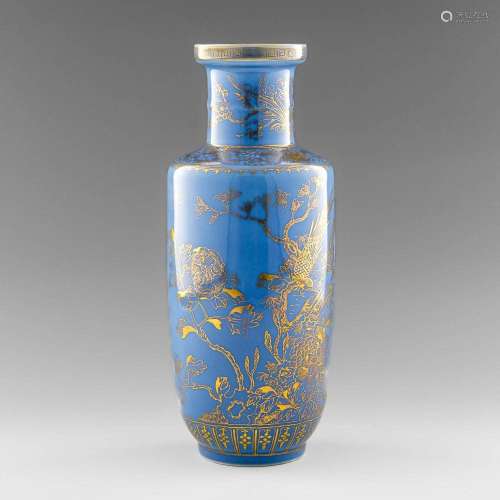 A Chinese blue-glazed gold-painted rouleau vase, 1950/1970s