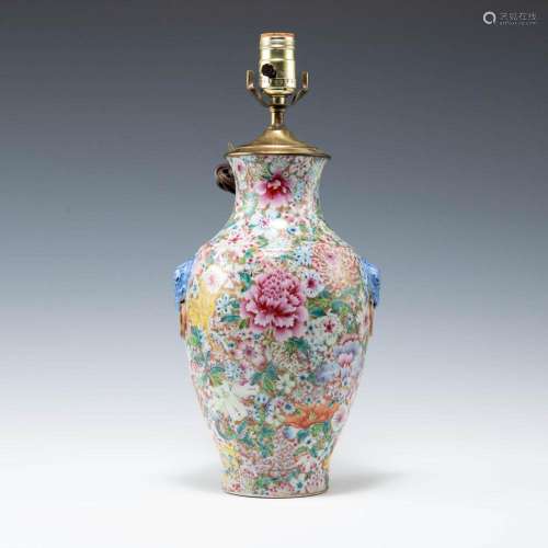 A Chinese famille rose 'mille fleur' vase lamp, Repu...