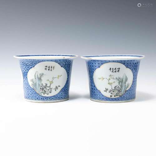 A pair of Chinese blue and white jardinieres, Republic perio...