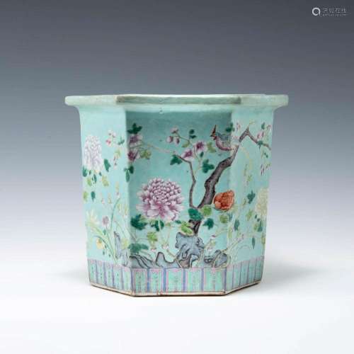 A Chinese turquoise-ground famille rose jardiniere, late 19t...