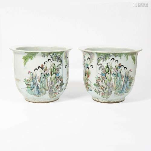 A pair of Chinese famille rose 'figure' jardinieres,...