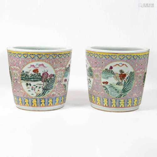 A pair of Chinese famille rose jardinieres, late 19th centur...