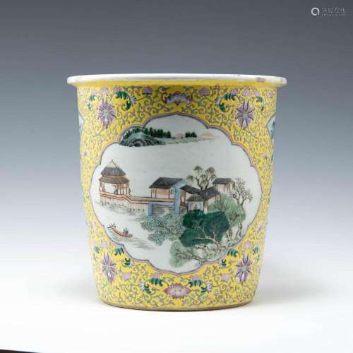 A Chinese yellow-ground famille rose jardiniere, 19th centur...