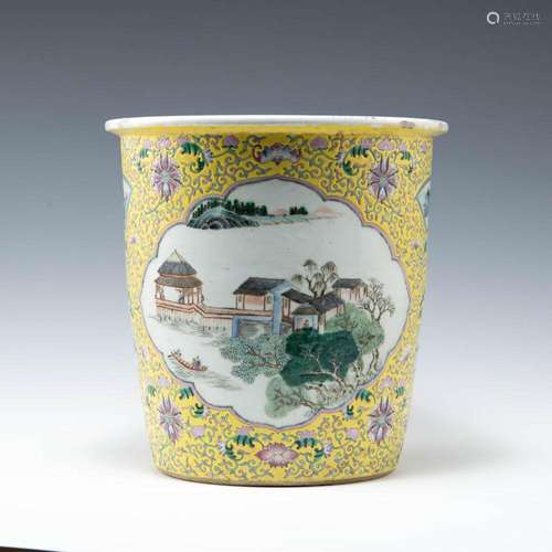 A Chinese yellow-ground famille rose jardiniere, 19th centur...