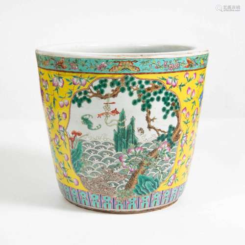 A Chinese yellow-ground famille rose jardiniere, late 19th c...